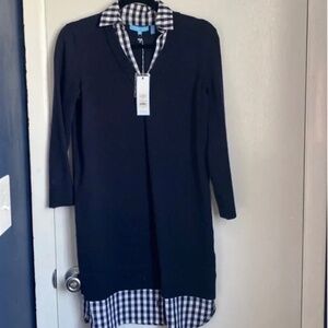 EUC Draper James Shirt Sweater Dress Blue White Gingham Check V-Neck Small